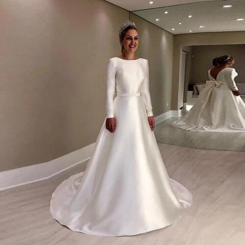 White A-Line Satin Wedding Dresses Backless with Bow Simple Gown for Women Floor Length Bridal Dresses