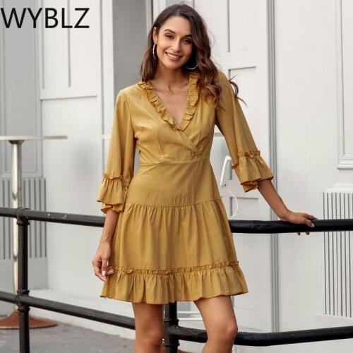 WYBLZ Women Elegant Dress Bohemian Dress 2021 Summer Long Sleeve Mini Sundress Casual Pleated Solid Dress Female Robe