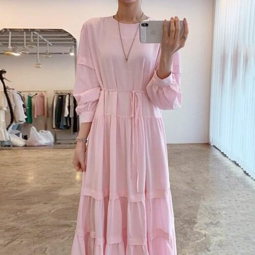 Womens summer dress 2021 new fashion pink round neck loose tie waist layer pleated casual long dress women