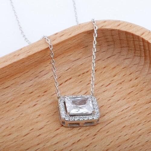 925 Sterling Silver Necklaces for Women Geometric Square Zircon Pendant Necklace Luxury Diamond Clavicle Chain Choker Jewelry