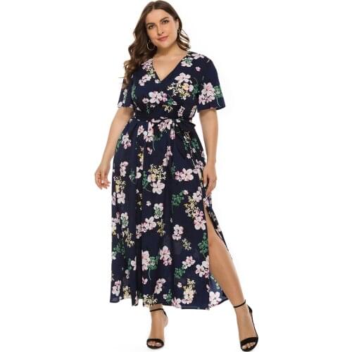 Floral Dress Plus Size Womens Dress With Slit In The Leg Bohemian Long Skirt Maxi V-Neck Short-Sleeve Tie With Printed Slim