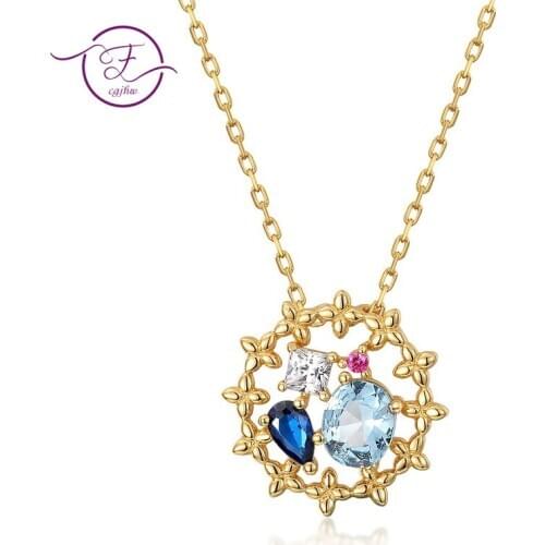 Summer Night Dream Luxury S925 Sterling Silver 9K Gold Pendant Vintage Small Flowers Blue Spinel Necklace Fine Jewelri