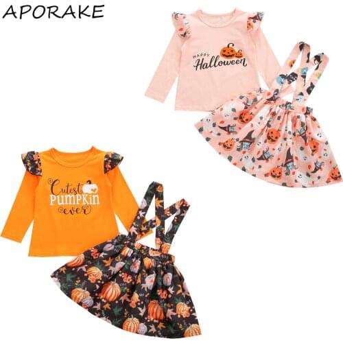 2021 1-6Y Kids Baby Girl Halloween Clothing Set Fly Long Sleeve Letter Print T-shirt Top+Pumpkin Straps Skirt Sweet Toddler 2pcs