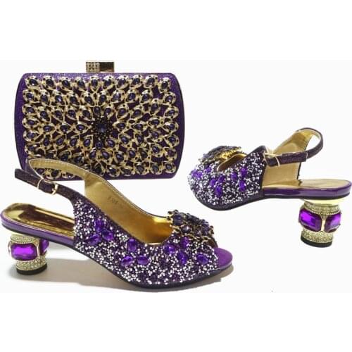 2021 Fashion Purple Color Rhinestone Style Italian Design Lastest Hot Selling Women Shoes and Bag Set for Party