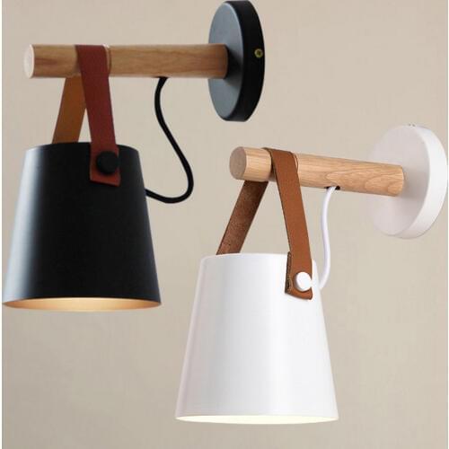 220V Wooden LED Wall Lamp E27 Bedside Lamp Night Lights Modern Nordic Design Living Room Wall Sconces Belt White/Black Lampshade