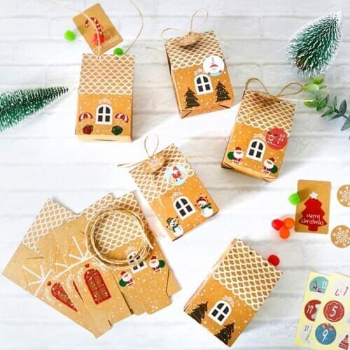 24 Sets Christmas House Gift Box Kraft Paper Cookies Candy Bag Snowflake Tags 1-24 Advent Calendar Stickers Party Supplies