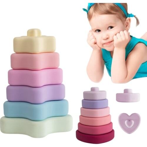 6pc Baby Soft Sensory Blocks Silicone Teether Educational Jenga Building Blocks 3D Folding Tower Squeeze Circle Toys for Infant