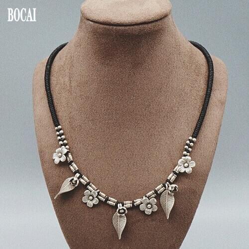 BOCAI New solid s925 sterling silver jewelry vintage Thai silver leaf flowers leather cord womens necklace