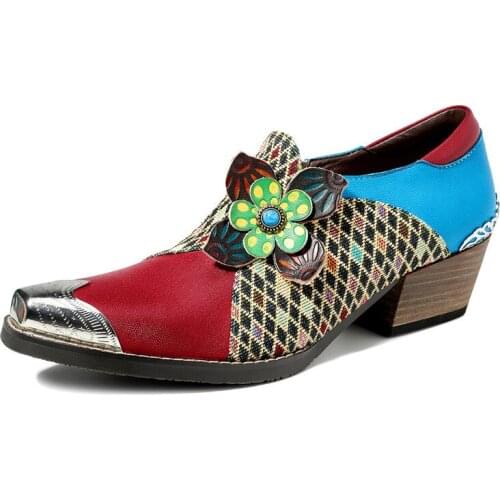 Colorful Women Pumps Stitching Painted Colorblock Genuine Leather Flower Buckle Strap 3CM Thick High heel Women Shoes Square Toe