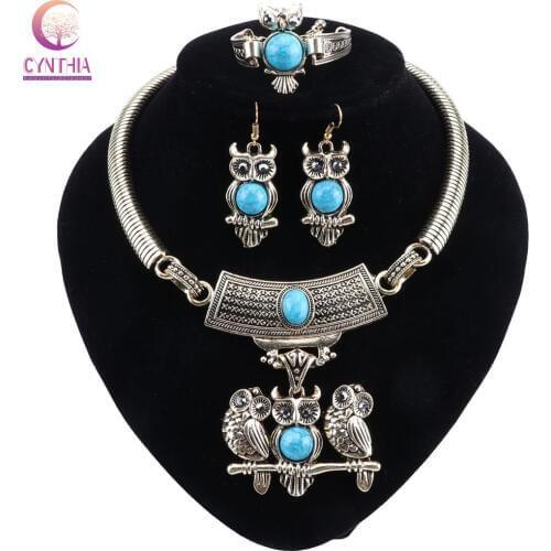 CYNTHIA Vintage Owl Jewelry Sets for Women Wedding Party Necklace Bracelet Earrings Boho Natural Stone African Jewelry Sets