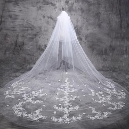 Cathedral Length Bridal Veils Lace Appliques Long Wedding Veils White Ivory Luxurious Vestido De Noiva Wedding Veil with Combs