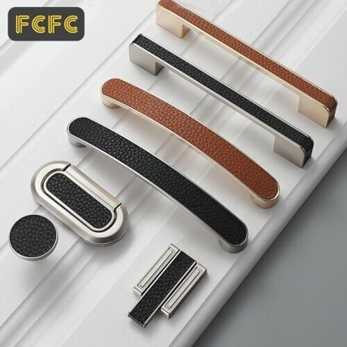 FCFC Vintage Leather Handles for Furniture Knobs 96mm 128mm 192mm Door Pulls Handles For Cabinet Door Handles Drawer Hardware
