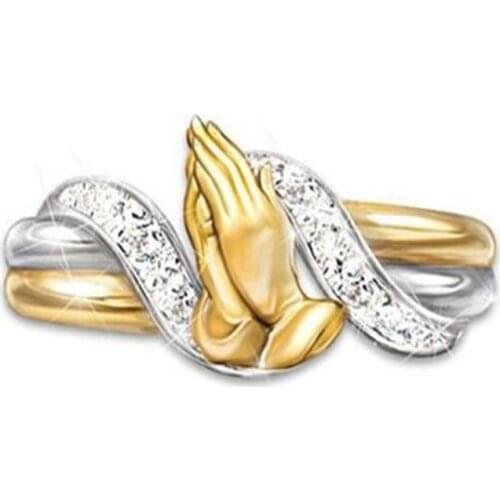 Exquisite Prayer Hand Crystal Female Rings High-Quality Two Color Women Ring Blessing Jewelry Gift