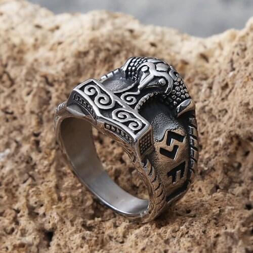 Retro Thors Hammer Viking Ring Men Nordic Odin Ring Stainless Steel Fashion Biker Mens Rings Jewelry Gift