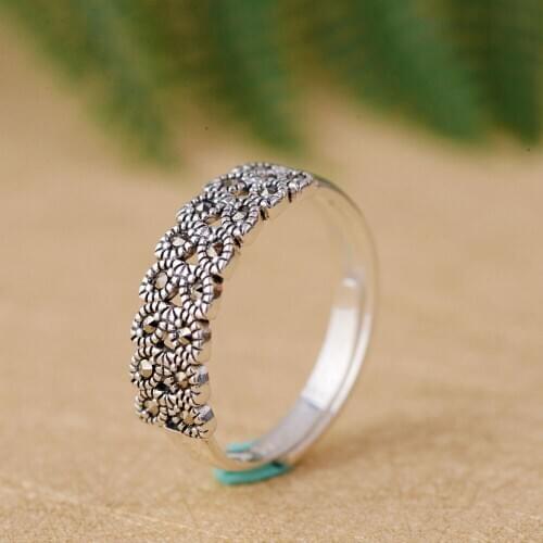 FNJ 925 Silver MARCASITE Ring Original Pure S925 Sterling Silver Rings for Women Jewelry Open Adjustable Size