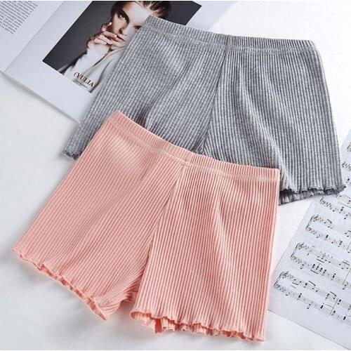 Ladies Women Summer Safety Pants Thread Ribbed Striped Seamless Stretchy Underpants Solid Color Ruffled Agaric Hem Boxer Shorts