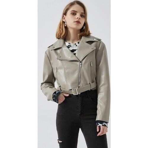 Fashion Street Style Short Pu Leather Jackets Female Shiny Waterproof Motor Fashion Was Thin Leather Outerwear With Belt F2757