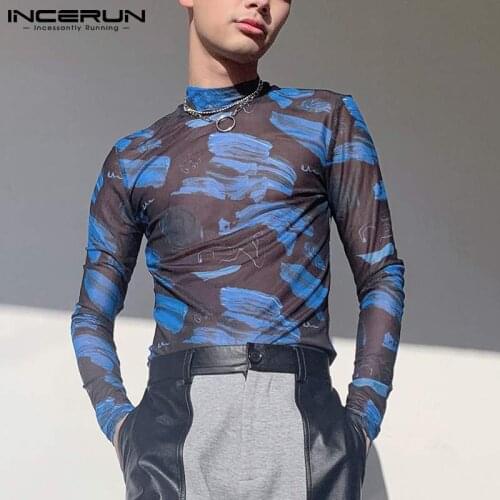 Men T Shirt Turtleneck Long Sleeve Mesh See Through Printed Casual Sexy Undershirt Men 2021 Streetwear Tee Tops INCERUN S-5XL