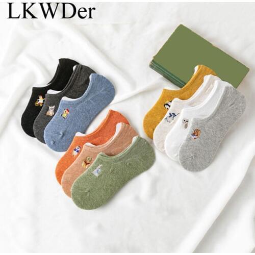 LKWDer 5 Pairs Womens Socks Spring Summer Funny Cartoon Embroidery Candy Color Invisible Non-slip Silicone Female Cotton Socks