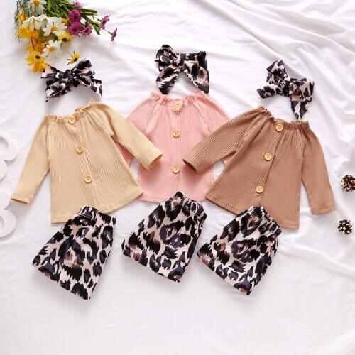 Baby Girls Casual Suit 3 Pcs Solid Color Boat Neck Long Sleeve Ribbing Buttoned Top Leopard Loose Trousers, Bow Headband