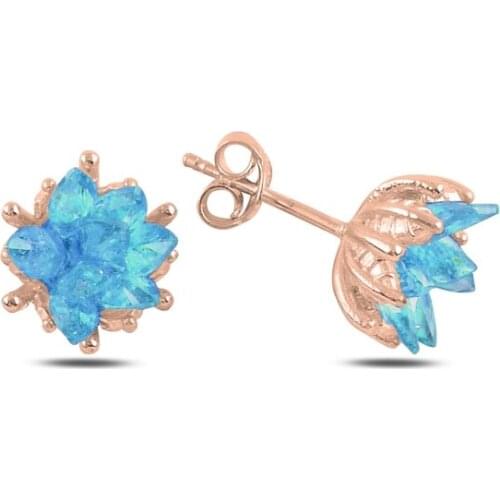 Silver 925 Sterling Lotus Flower Aquamarine Zircon Studded Earrings
