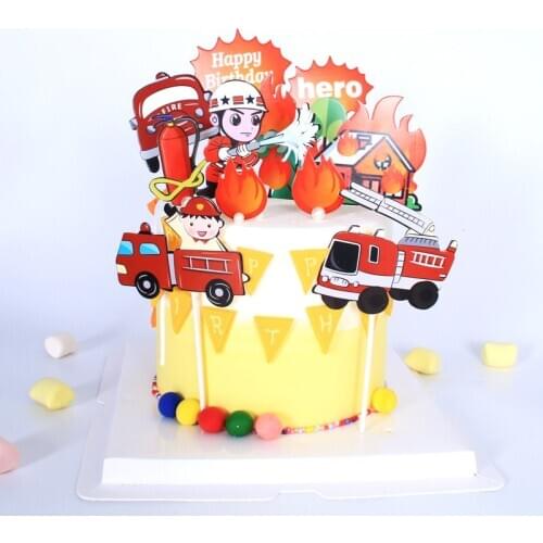 Cake Topper Firefighters Fireman Set Fire Ladder Truck DIY Cake Cupcake Toppers Kids Boys Men Birthday Party Dessert Decor Flags