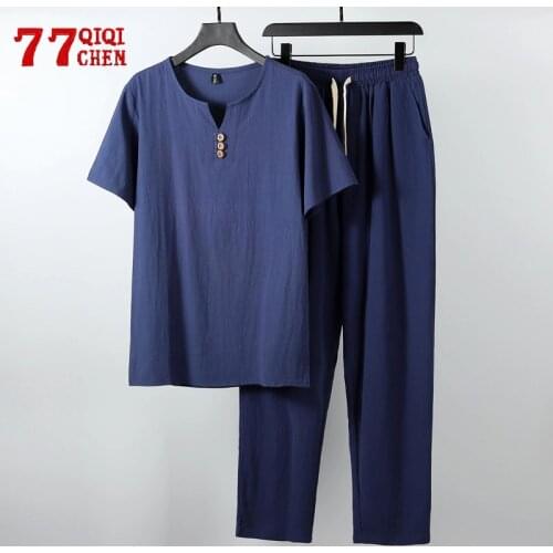Large Size Mens Clothing Vintage Linen Tracksuit Buttons Tshirt and Loose Pant Husband Summer Home Casual Set Chinese 8XL 9XL