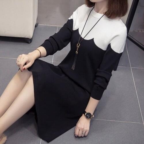 Knitted Winter Dress Women Casual O-neck Patchwork Warm Elegantn Long Sleeve Sexy Dress Knitted Sweater Dress Female vestidos