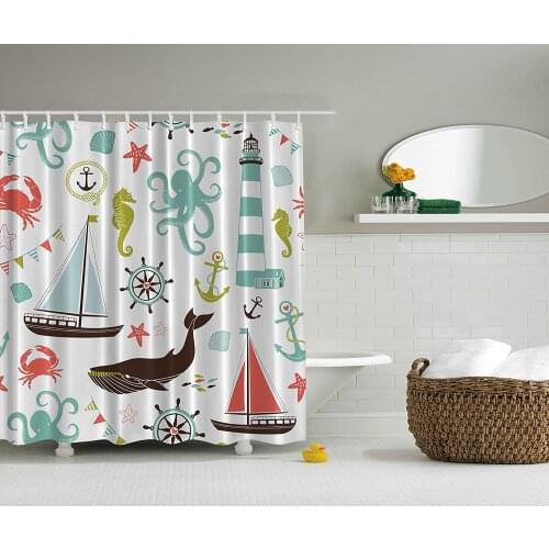 Shower Curtain Whale Shark Seahorse Sea Anchor Octopus Coral Crab Marine Lighthouse Ocean Home Bathroom Nautical Bath Curtains