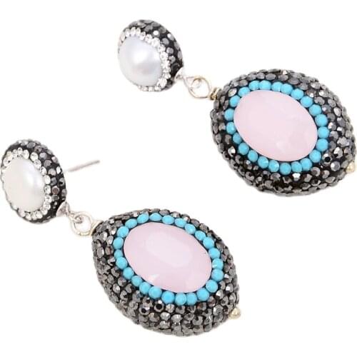 JK Natural White Pearl Pink Crystal Black Macarsite Silver Stud Earrings Cute For Women