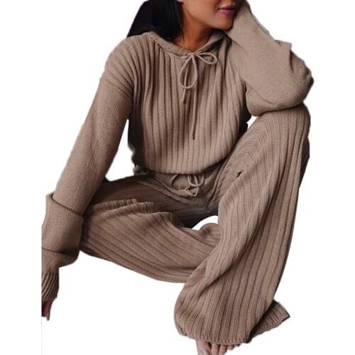 Women 2 Pcs Knitted Sets Newest Solid Colour Long Sleeve Hooded Top and Elastic Waist Long Pants Lady Fall Winter Tracusuits Hot
