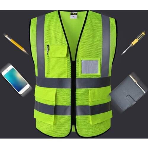 High Visibility Reflective Vest Sleeveless Jacket Men Hi Vis Workwear Uniform Safety Protective Gear Fluorescent Yellow Tank Top