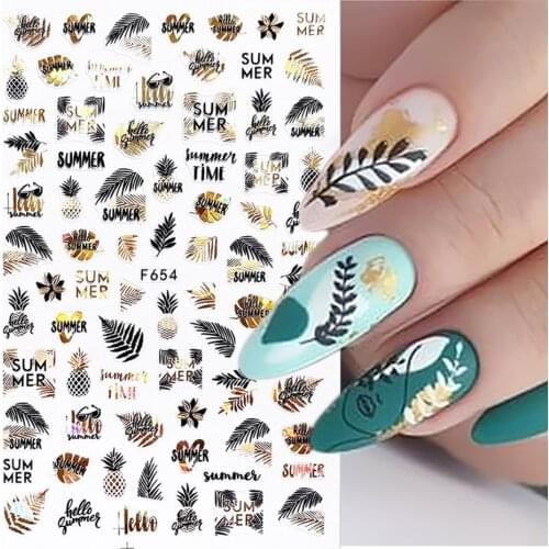 1pcs Black Laser Gold Leaf 3D Nail Stickers Bronzing Coconut Leaf Transfer Decals Slider For Autumn Nails Decoration NLF654-661