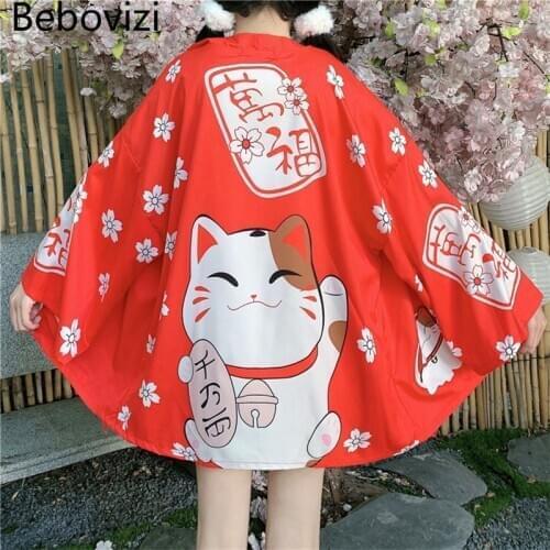 Bebovizi Sexy Japanese Red Lucky Cat Kimono Summer Women Kawaii Traditional Korean Haori Hombre Yukata Cardigan Robe Top