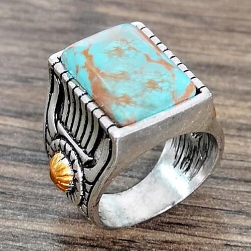 Bohemian Vintage Large Natural Blue Stone Ring Turkish Cuban Carved Pattern Knuckle Rings Anillo Man Women
