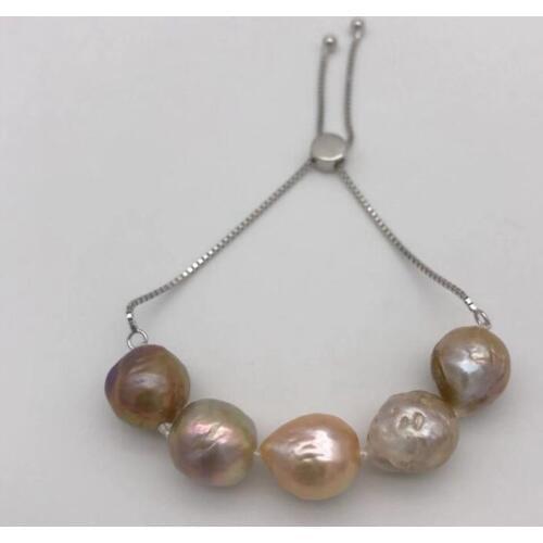 NEW Natural multicolor pearl Nucleated Baroque 11-12MM Rubber bracelet 925 sterling silver bracelet with adjustable length