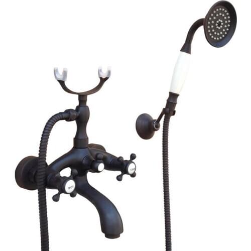 Black Oil Rubbed Bronze Dual Handles Wall Mounted Clawfoot Bath Tub Faucet Mixer Tap Telephone Style Hand Held Shower Head Set