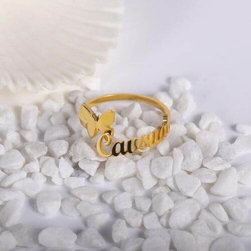 Customized Personalized Butterfly Name Adjustable Rings Stainless Steel Wedding Rings For Women Jewelry Unique Bridesmaid Gifts