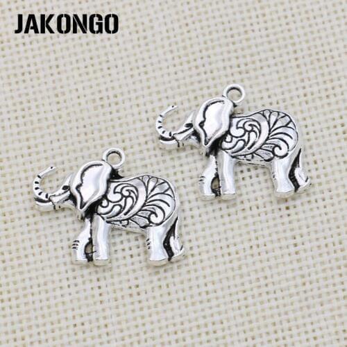 JAKONGO Antique Silver Plated Elephant Charm Pendants for Jewelry Accessories Making Bracelet Findings DIY 23x28mm 10pcs/lot