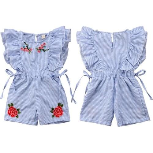 Toddler Baby Girl Romper Short Petal Sleeve Elastic Waist Floral Print Striped Blue Lace UP Jumpsuits