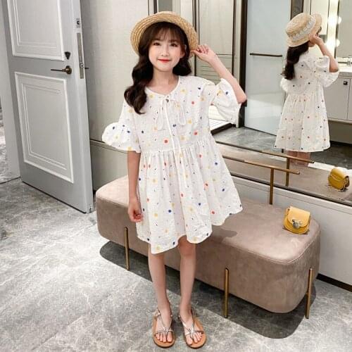 Summer Girls Clothes Korean Style Kids Girls Cute Dot Princess Dress Teen Girls Cotton Casual Dress Children Beach Dress, #8536