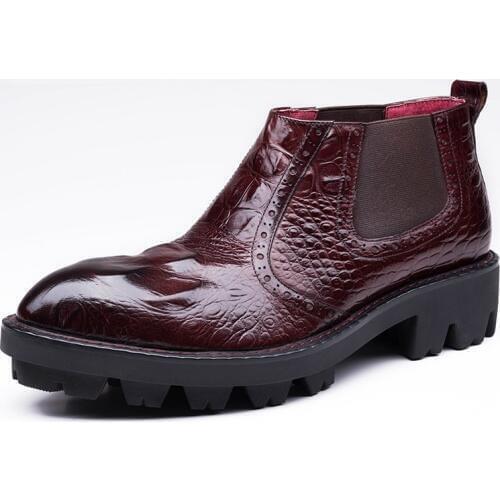 Men Slip On Ankle Shoes Genuine Leather Italian Fashion Wedding Party Booties Brand Black/Wine Red Platform Dress Boots Big Size