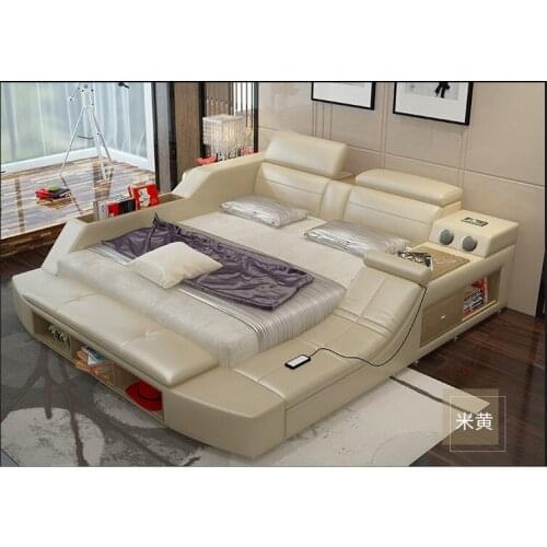 Genuine leather bed frame Soft Beds massager storage safe speaker LED light Bedroom cama muebles de dormitorio / camas quarto