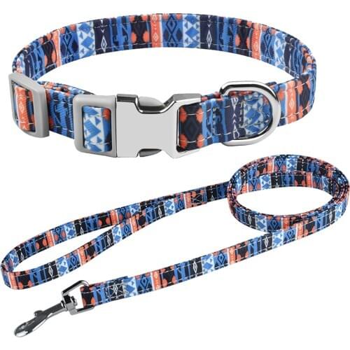 Airuidog Pet Dog Collar Leash Set Nylon Personalized Collars Lead For Small Medium Large Dogs Pugs Customized Puppy ID Name