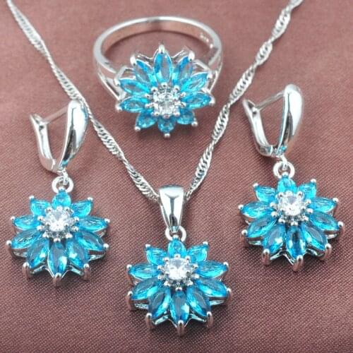 2021 New Band Silver Plated Jewelry Sets Sky Blue Cubic Zirconia Flower Design For Women Earrings Pendant Ring Set TZ0433
