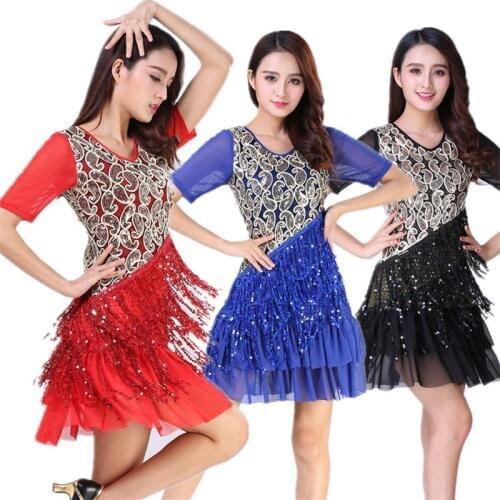 Charming ladies shiny sequins tasselin sexy ballroom dance competition dresses costume stage dancing clothes latin dance dress