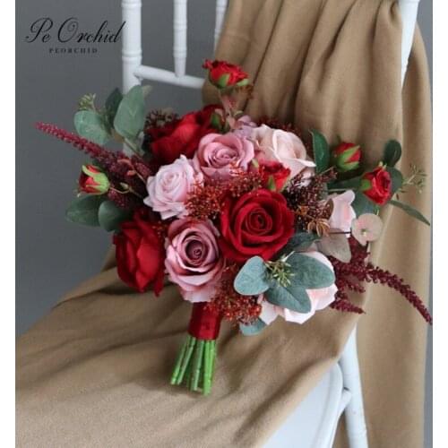 PEORCHID Red Bridal Bouquet De Rose Artificielle Dusty Pink Bridesmaid flower Wedding Fake Bouquet Ramos De Novia Accesorios