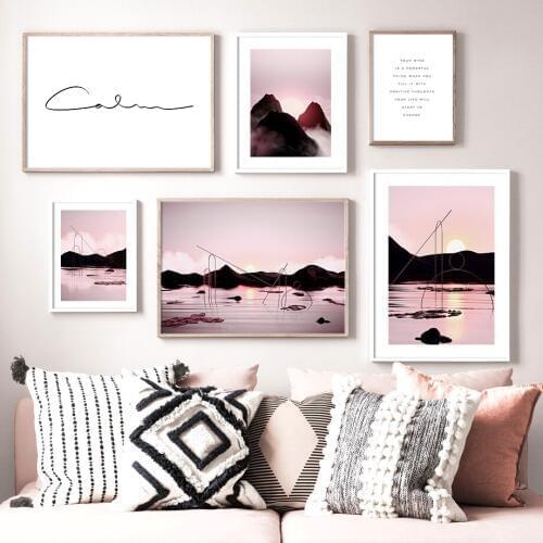 Pink Sun Mountain River Cloud Wall Art Canvas Painting Nordic Posters And Prints Landscape Wall Pictures For Living Room Decor