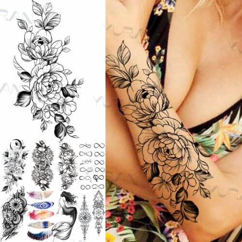 Sexy Peony Flower Temporary Tattoo For Women Lady Moon Cross Infinity Mermaid Feather Fake Tato Washable Frontarm Tattoo Sticker