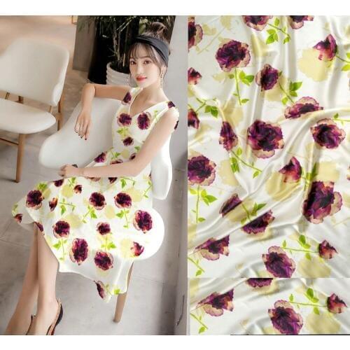Best Have Designer White Flowers Prints Satin Fabric Wax Japan Woven Material Curtain Cloth Dress 97% Silk Stretch Fabric Silks